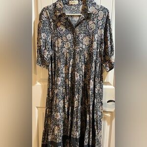 NATURAL LIFE Black Floral Button-Up Dress with Taupe and Cream Accents